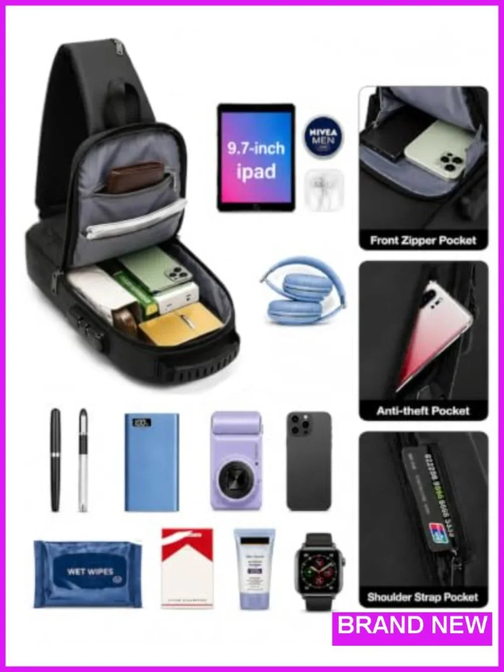 Anti Theft Sling Bag RFID Blocking Travel Crossbody Water Resistant Secure